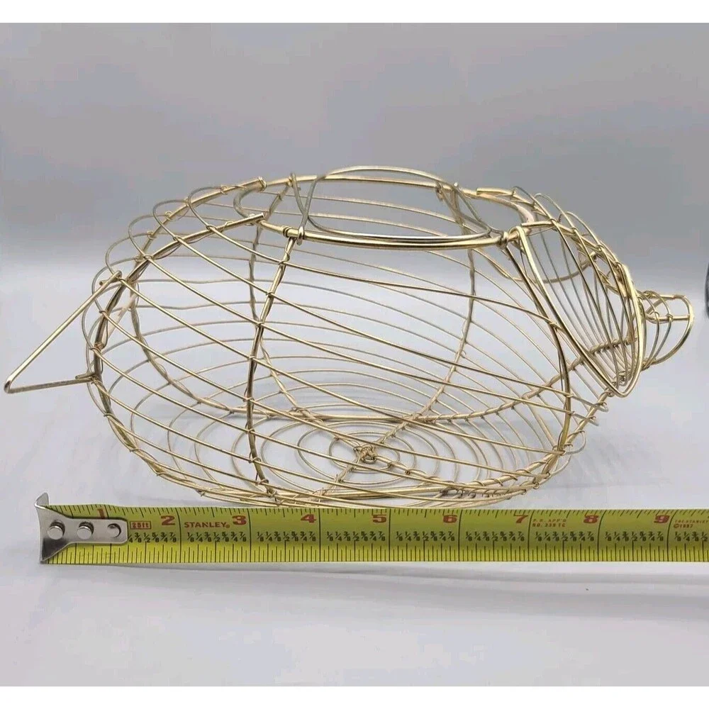 Vintage Pig Shaped Egg Basket Made of Gold Tone Metal Wire Farm House Decor